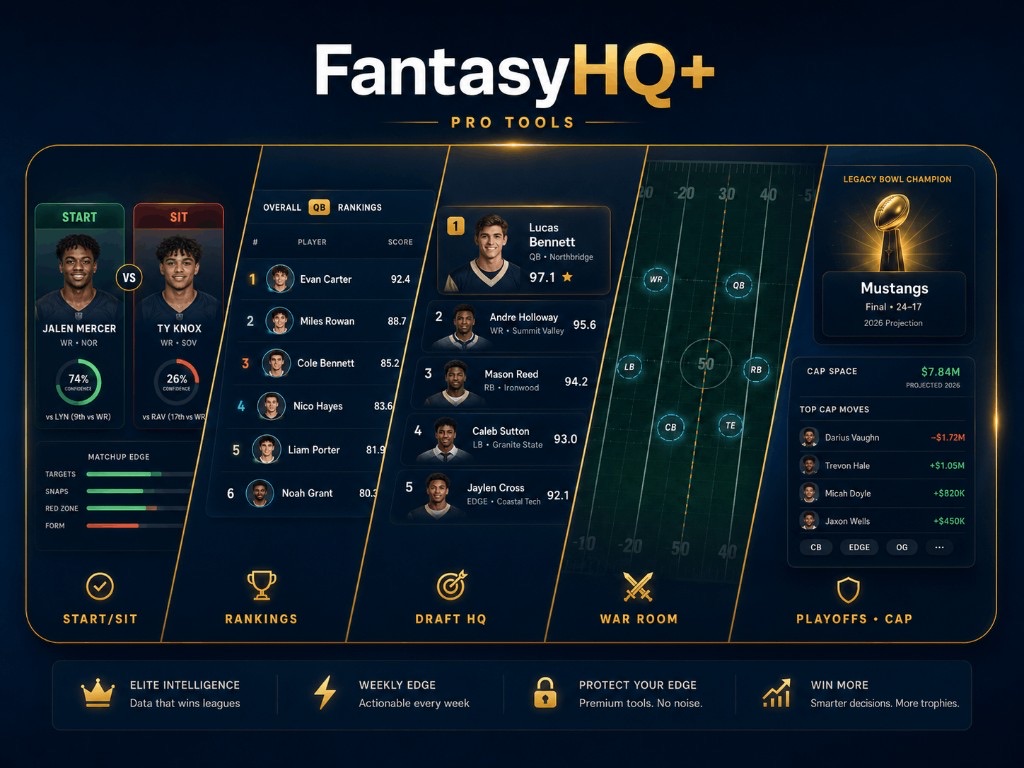 FantasyHQ+ Pro Tools dashboard preview: Start/Sit, Rankings, Draft HQ, War Room, and Playoffs Cap